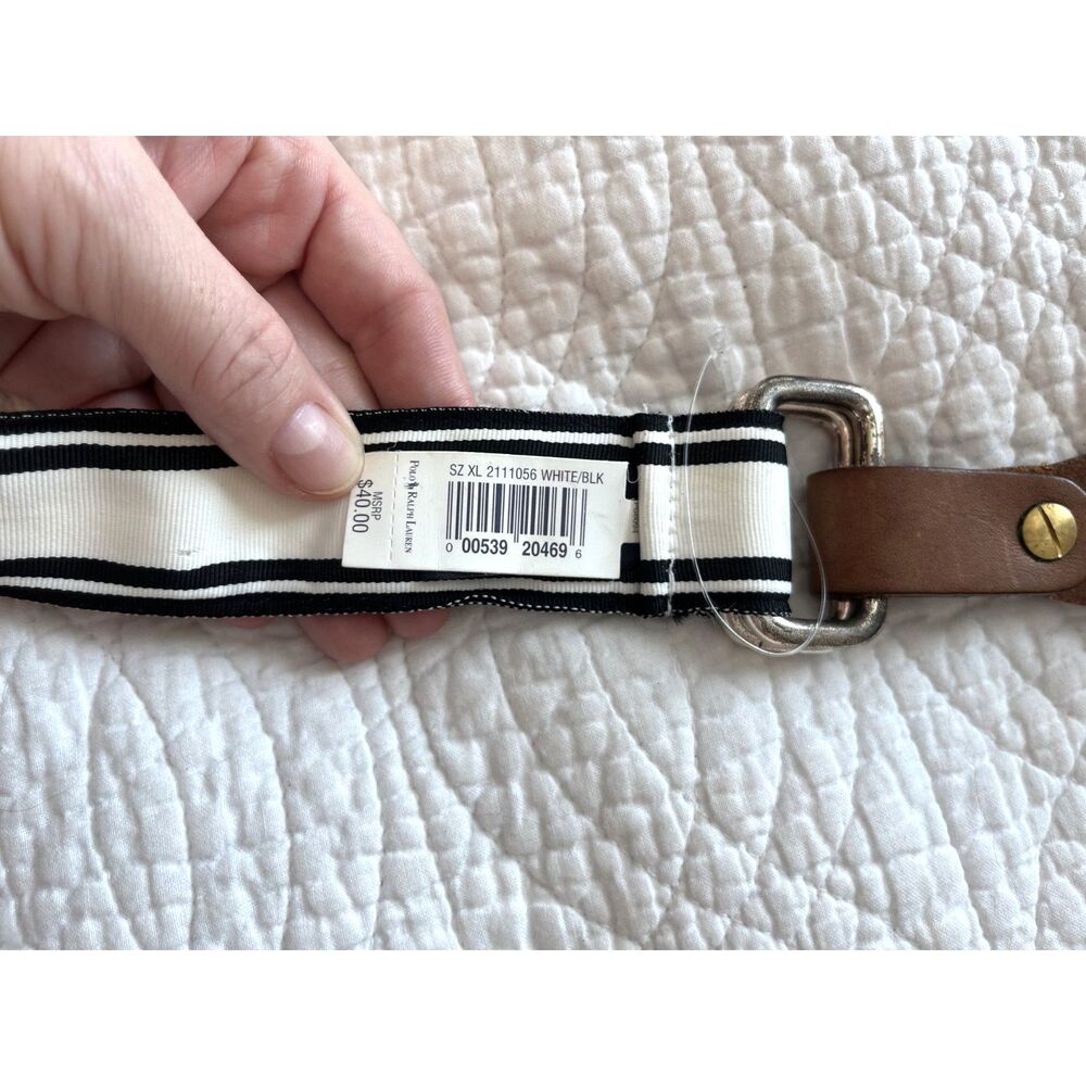 Polo Ralph Lauren Vintage Ribbon Belt Mens Black White Striped Double D-Ring XL - Picture 2 of 10